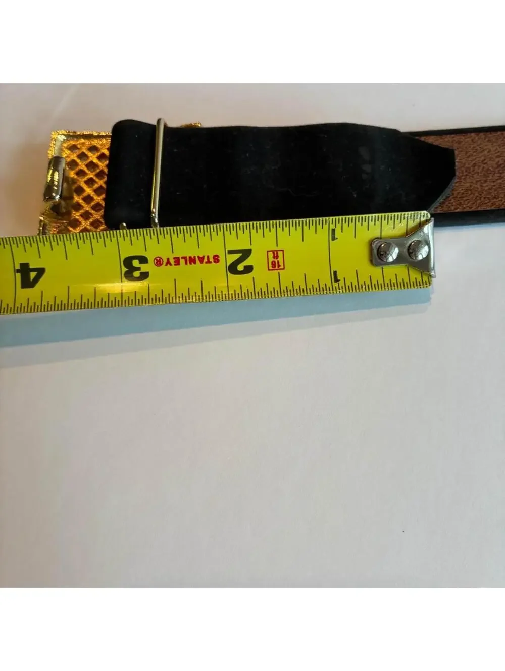 Vintage Paquette Gold Tone Mesh Buckle Belt Black Faux Suede Adjustable 29-32